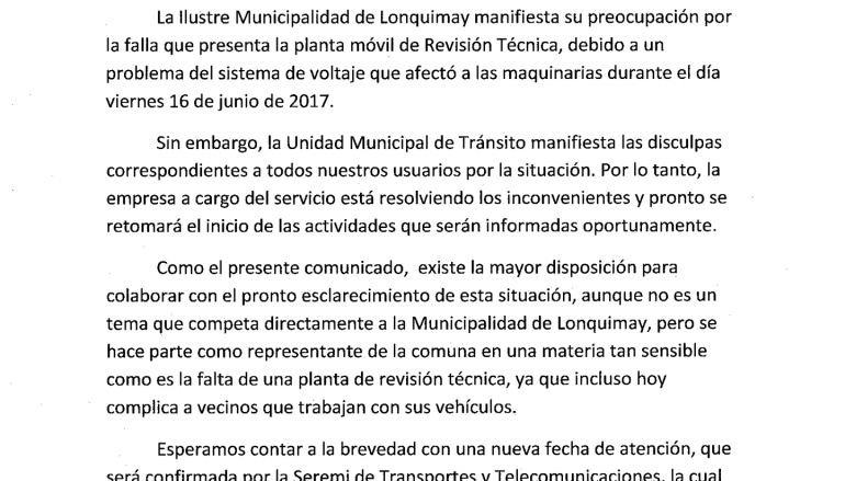 SE SUSPENDE EL SERVICIO DE REVISIÓN TÉCNICA EN LONQUIMAY