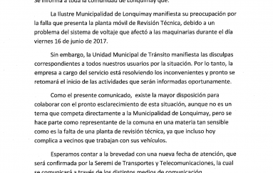 SE SUSPENDE EL SERVICIO DE REVISIÓN TÉCNICA EN LONQUIMAY