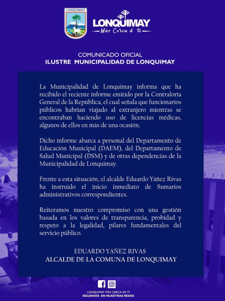 Comunicado Oficial de la Municipalidad de Lonquimay por oficio de la Contraloría General de La República por Licencias Médicas que involucran a funcionarios públicos